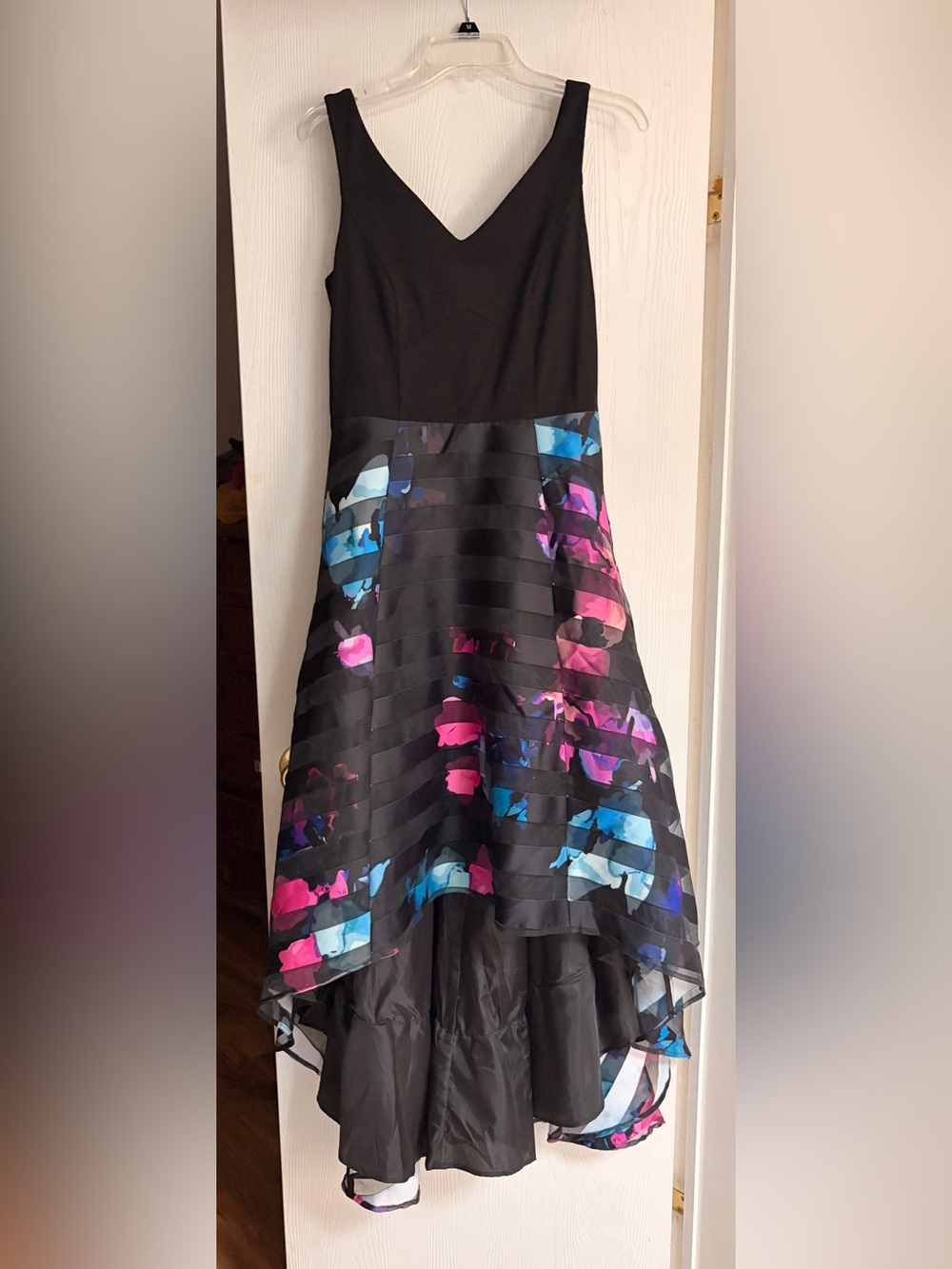 VENUS Black High-Low Dress with Pink and Blue Floral Bands-Never been worn.